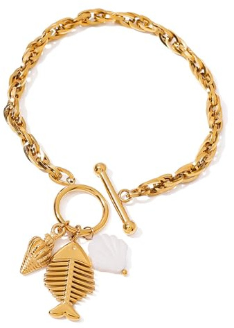 Mocoocouture Edelstahl Muschel Fishbone Conch Verstellbarer OT Verschluss Meer Inspirierter Schmuck Damen Herren Modernes Verschluss Armband
