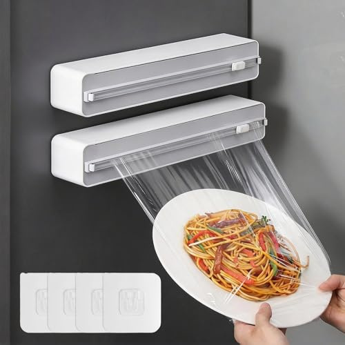 EAAGHK 2 Dispenser Pellicola e Alluminio a Parete Senza Foratura Porta Pellicola Magnetico da Cucina, Porta Pellicola e Alluminio con Taglierina, Taglia Pellicola da Cucina, 358 * 84 * 62mm, Bianco
