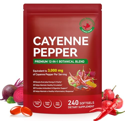 Cayenne Pepper Softgels Supplement | 12-in-1 3000mg per Serving with Vitamins D3, K2 & E | Supports Healthy Circulation & Daily Energy | Features Hawthorn, Beetroot & Turmeric | 240 Capsules