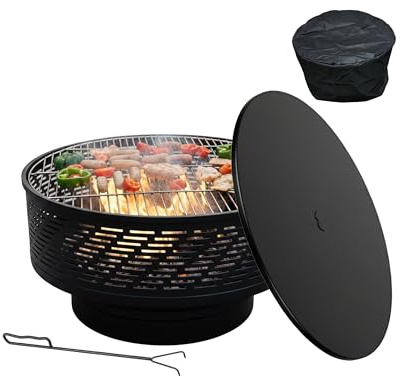 Relaxdays Feuerstelle mit Grillrost, Deckel, Schürhaken & wasserdichte Abdeckung, 66 cm Durchmesser, Schwarz
