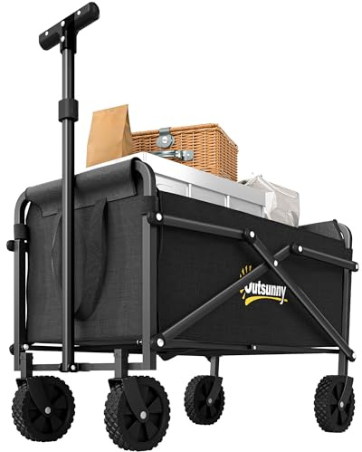 Outsunny Bollerwagen Faltbar 360° mit Verstellbarem Griff 60 kg Schwarz | Faltbarer Handwagen, Gartenwagen, Transportwagen, Strandwagen, für Sport, Einkauf, Camping