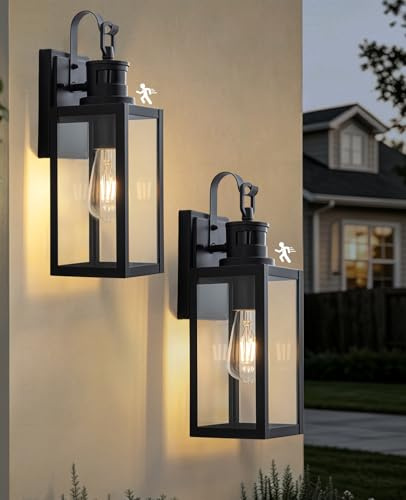 FTL 2er Set Aussen Wandlampe mit Bewegungsmelder, Schwarz Aussenbeleuchtung Hauswand, 3 Beleuchtungsmodi Außenleuchte Wand Aussenleuchte Vintage, E27 Außenlampe mit Dämmerungsschalter für Eingang,IP44