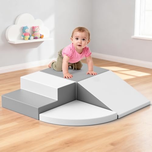 4PCS Parcours Motricité Bébé en Mousse,Module Motricité Bébé avec Housse Lavable & Amovible,Toboggans d'intérieur et Structures de Jeux pour Enfants d'Âge Préscolaire (Blanc grisâtre)