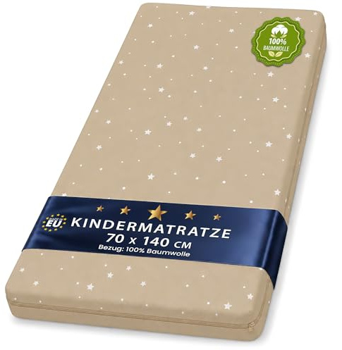 Babymatratze Reisebett Gitterbett 70x140 cm beidseitig Schaumstoff | Babymatratze geeignet für Gitterbett und Reisebett 70x140 cm leicht zusammenrollbar faltbar atmungsaktiv Mit Sternen Bezug