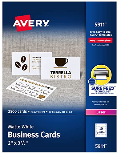 Avery Bedruckbare Visitenkarten mit Sure Feed Technologie, 5,1 x 8,9 cm, weiß, 2.500 Blanko-Karten für Laserdrucker (05911)