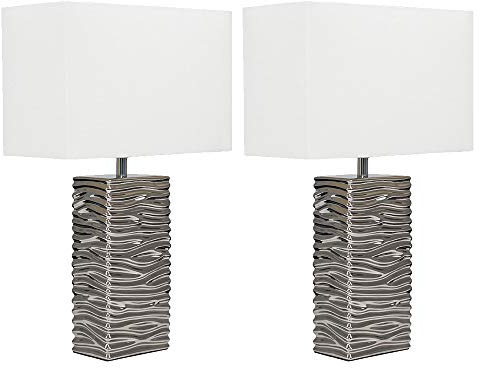 MiniSun | Modern Silver Ripple Effect Ceramic Table Lamp with a White Light Shade | Home Décor, Bedside & Desk Lamp | Pair of 2 | Includes Bulb [3000K Warm White]