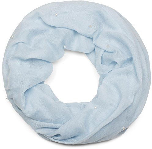 styleBREAKER Damen Loop Schal mit Perlen Applikation, Unifarben, Leichter Schlauchschal Einfarbig, Tuch 01016168, Farbe:Hellblau