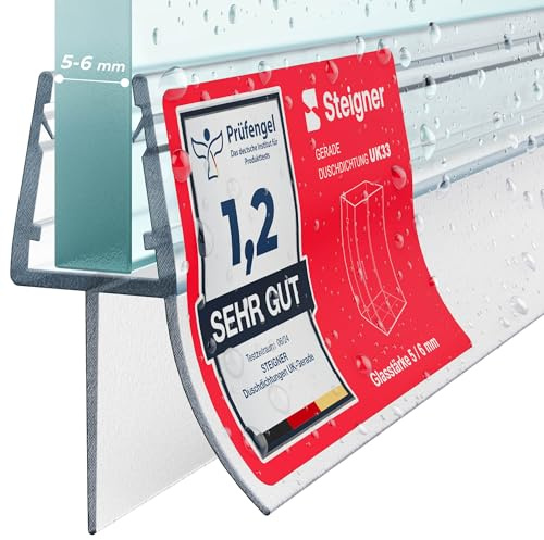STEIGNER Duschdichtung UK33 Gerade 150 cm 1 Stk, Glas 5-6 mm, Transparent | Dichtung für Eckeinstieg Dusche oder Fünfeckdusche mit Duschtür - Schutz gegen Auslaufen, Einfache Montage, Perfekte Passform