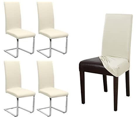 BEAUTEX 4er Set Jersey Stuhlhusse, elastische Stretch Husse Baumwolle Bi-Elastic, Farbe wählbar (Creme)