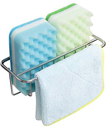 KESOL Adhesive Sponge Holder + Dish Cloth Hanger, 2-in-1 Sink Caddy, SUS304 Stainless Steel Rust Proof Water Proof, No Drilling