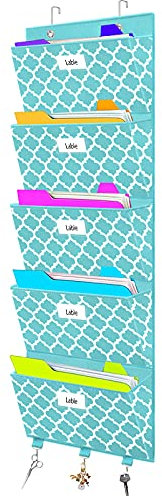 Tür-Aktenordner, Hängemappen, Wand-Organizer und Aufbewahrung für Post, Zeitschriften, Notizbücher, Planer, Büro, Klassenzimmer, 5 extra große Taschen, 128 cm hoch (blaues Laternenmuster)