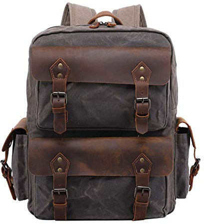 Neuleben Wasserdicht Canvas Leder Rucksack Herren Wanderrucksack Damen Schulrucksack Vintage 15.6 Zoll Laptop Rucksäcke Daypack für Wandern Schule Outdoor Alltag (Grün)