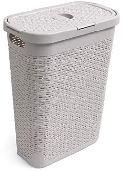Addis Faux Rattan 40 Litre Family Slim Laundry Clothes Washing Hamper Bin with Lid, Beige, Calico/Cream