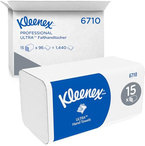 Kleenex Ultra Papierhandtücher mit Interfold Faltung 6710, 3-lagige Papiertücher mit V-Faltung, mit Airflex Technologie und FSC-Papier, 15 Packungen x 96 Handtücher(1.440 Falthandtücher)