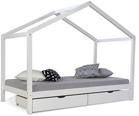 Homestyle4u 1922, Hausbett 90x200 Weiß mit Bettkasten Kinderbett mit Lattenrost Montessori Bett Bodenbett Holz Kiefer