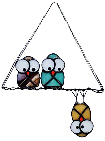 Mehrfarbige Eulen auf einem Draht, hohe Buntglas-Sonnenfänger, Vogel-Sonnenfänger für Fenster, Türen, Zimmer, Heimdekoration, Kolibri-Ornament und Geschenke für Vogelliebhaber