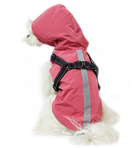 Hunde-Regenmantel mit Geschirr, Kapuze, Regenjacke, wasserdicht, Regenponcho, reflektierend, verstellbar, Mantel für Welpen, kleine, mittelgroße und große Hunde (Größe M, Rosa)