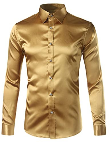 Chemise Habillée en Satin De Soie Homme Décontracté Danse Fête À Manches Longues Lisse sans Plis Chemises De Smoking Gold XXL