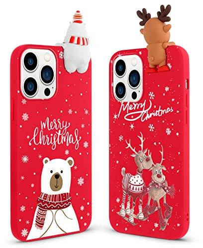 Vauki Weihnachten Hülle für iPhone 14 Pro[2er-Pack], Rot Silikon Weiche HandyHülle Weihnachts Case mit 3D Puppe Gemusterte Elch Eisbär Stoßfeste SchutzHülle für iPhone 14 Pro