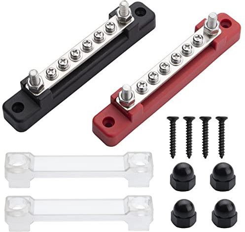 ZEALfix 12V-48V Bus Bar Power 6 Terminal Blocks 150A M6*2 M4*6 Screws Terminals Distribution Block for Car, RV, Yacht, Ship (Red&Black)
