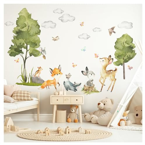 DEKO KINDERZIMMER Wandsticker Waldtiere Fuchs Kinderzimmer Wandtattoo Wandaufkleber REH Hase Dachs Vögel Babyzimmer Wanddeko DK1071-5
