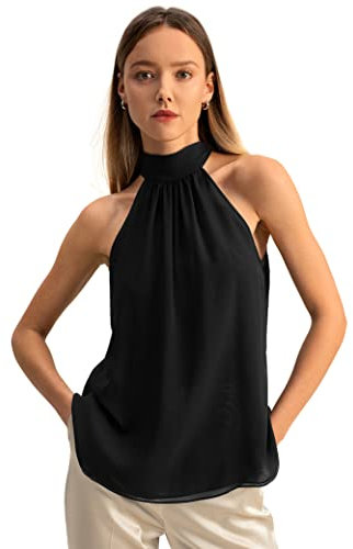 LilySilk Damen-Bluse aus Reiner Seide, Elegantes, ärmelloses Neckholder-Oberteil aus Georgette für Frühlings- und Sommerarbeiten, lässige Partys(Schwarz,38)