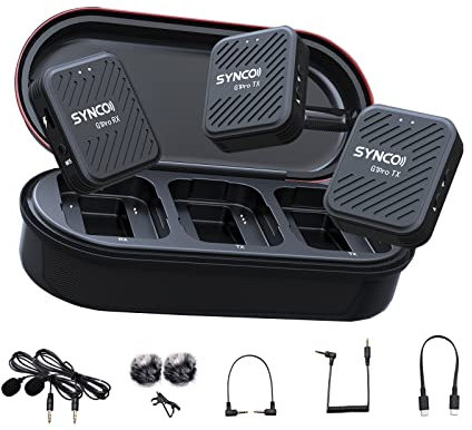 SYNCO G1 (A2) Pro 2.4GHZ Micrófono Lavalier inalámbrico con estación de Carga 1 Receptor 2 micrófono transmisor para cámara Youtube TiKTok Vlog Entrevista