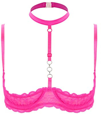 JanJean Sexy Soutien-Gorge Ouvert Poitrine Femme Lingerie Dentelle Transparent Brassière à Armature 1/4 Tasses Bustier sous Vêtement Taille Grande Rose Vif XXL