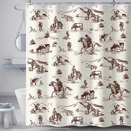Western Cowboy Duschvorhang, Wild West Cowboy Ride Pferd Wüste Kaktus Duschvorhang für Badezimmer, Bauernhaus Country American West Thema Stoff Dekor Bad Curatain Set mit Haken, 69 x 70 cm braun