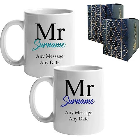 Personalised Mr and Mr Mug Set, His and His Gay Wedding with Any Message and Surname, Anniversary Present, Classic Font Design, Gift Boxed, 11oz/312ml Mugs