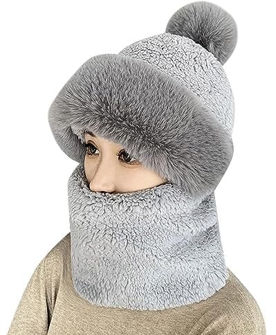 Baumwollhut Fleecemütze Strickmütze für Damen, Winddichter Mütze Schal 2 in 1 Set, Damen Gesichtsmaske Winter Warme Schlupfmütze Skimütze Radfahren Mütze Schal Plüsch Wintermütze (Erwachsener, A2)
