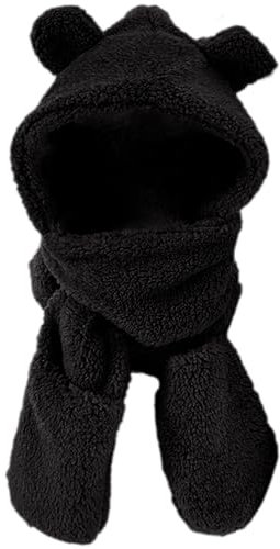 Winter Set: Niedliche Bär Ohr Mütze, Schal Und Handschuhe - Plüsch Earflap Hut, Winddicht, Kapuze, 2 In 1 Kapuzenschal Für Frauen (Schwarz, A)