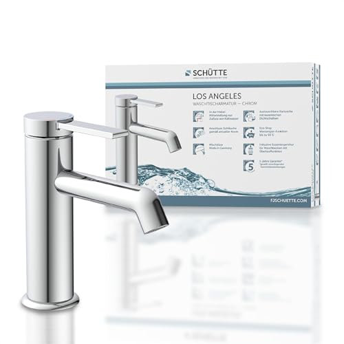 SCHÜTTE Waschtischarmatur LOS ANGELES 33100, Wasserhahn Bad mit Ablaufgarnitur, Armatur Badezimmer, Einhebelmischer Badezimmer mit Pop Up Abflussstopfen, Mischbatterie Waschbecken, Chrom