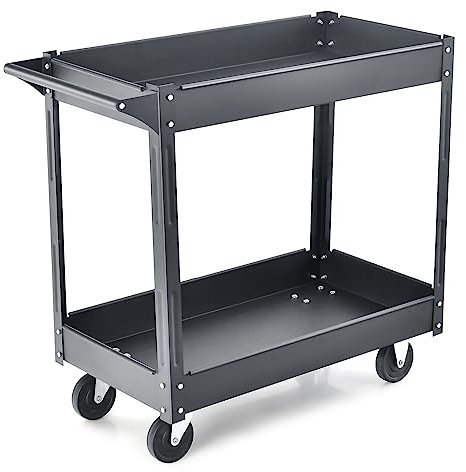 GOPLUS 2 Etagen Werkzeugwagen, multifunktionaler Materialwagen aus Metall bis 100kg belastbar, Werkstattwagen Rollwagen mit Handgriff, Etagenwagen für Garage, Küche & Garten (Schwarz)