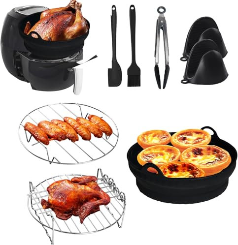 GEEKHOM Airfryer Zubehör Set 8-teilig für COSORI 4,7L, Tefal 4,2L, Ninja 5,2L - Heißluftfritteuse Zubehör mit Silikon Backform, Grillrost, Spatel, Pinsel, Zange, Topflappen Handschuhe