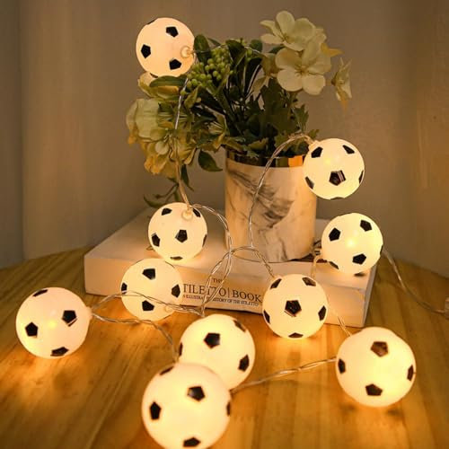 Danolt 3m Fußball Lichterkette und 10 Blätter Leuchttattoos Fußball Lichterkette Außen Warmweiß mit 20 Cotton Ball Jugendzimmer Deko Jungen