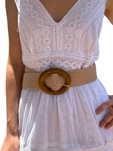 Ceinture pour femme en osier de paille large élastique pour robes et autres vêtements, ceinture vintage tendance réglable adaptable à la figure, accessoire boucle en bois, marron, Adaptable