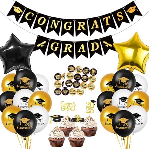 Abitur 2025 Deko, ABI Luftballon, Tortendeko Abitur 2025, Schwarz Gold Ballon mit Congratulations Banner, Abschluss Deko, Abschlussfeier Deko, Graduation Deko
