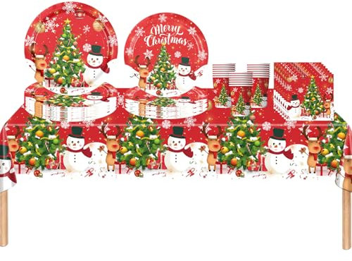 69Pcs Christmas Party Tableware Decorations Set,Red Christmas Snowman Reindeer Tree Tableware Party Table Cloth,7inch Paper Plates,Paper Napkins,Cups,9inch Plates for Xmas Picnic,Xmas party Supplier