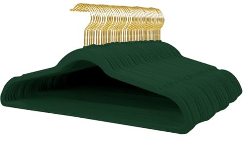 Stormix 52er-Pack Kleiderbügel aus Samt, 17,3 x 8,9 Zoll, rutschfeste Kleiderbügel mit Schulterkerben für Erwachsene, Dunkelgrün (Goldhaken)