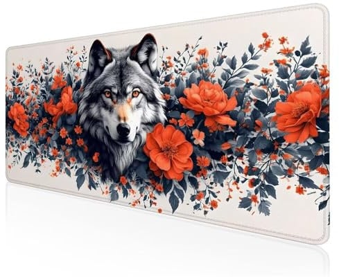 Tapis de Souris Gamer Le Loup des Fleurs Grand Tapis de Souris XXXL de Jeu avec Bords Surpiqués et Dos Antidérapant, sous-Main pour Clavier et Souris, Tapis de Bureau Multifonctionnel 60x30 CM F-87