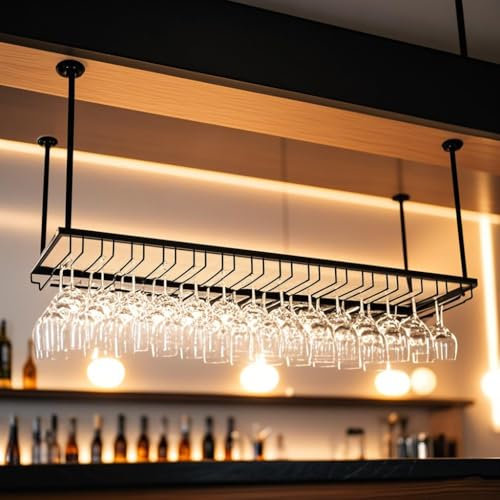 Dernoing Support pour Verre à Vin Hauteur RéGlable, Porte-Verres à Pied Suspendu en Métal, Montage au Plafond Range Verre Suspendu Bar pour Famille, Restaurant, Hôtel, Bar (bk, 60x35x(30-60) cm)