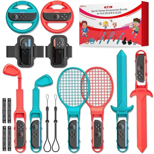 Switch 2 Set di accessori sportivi, pacchetto famiglia 10 in 1 con racchette da tennis, mazze da golf regolabili, spade Chambara per giochi sportivi Nintendo Switch 2, kit di gioco premium per Switch