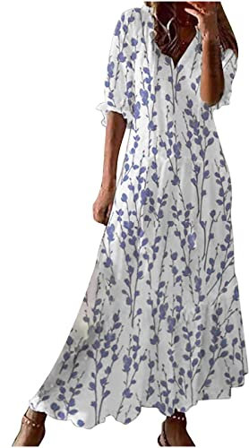 HAOLEI Robe Femme Chic Et Elegant BohèMe Maxi Robe Imprimé Floral Vacances Dress éTé DéContractéE Robes Vintage Grande Taille Manches Courtes Col V Casual Robes De Plage S-XXXL