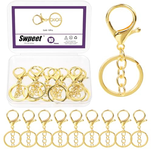 Swpeet Set di 10 chiusure in oro con portachiavi e portachiavi a taglio piatto, set di anelli e chiusure girevoli, ganci per cintura da tasca