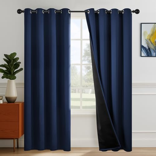Deconovo 100% Verdunklungsvorhänge Vorhang Blickdicht Vorhänge mit Ösen Gardinen Wohnzimmer Thermovorhänge gegen Hitze Wärmeschutz Curtains Schallschutz, H270 x B140 cm, Dunkelblau, 2er Set