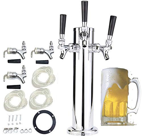 Torre de cerveza de barril de acero inoxidable de triple grifo, dispensador de cerveza con grifos de 3 pulgadas de 360 x 760 mm, incluye manguera para bar de cerveza casera