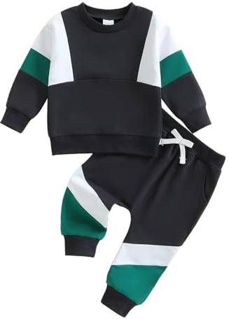 Yigubigu Toddler Baby Boys Clothes Outfit Long Sleeve Sweatshirt Splicing Color Pullover Tops Elastic Long Pants Set 2pcs
