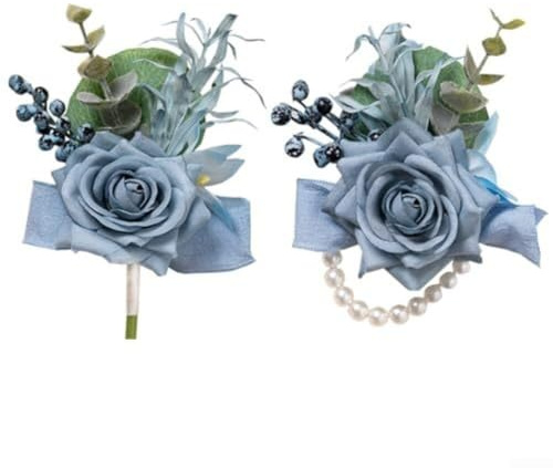 snowchecking Ansteckblume und Ansteckblume Set mit Rose, Eukalyptus und Beeren für Hochzeit, Abschlussball und formelle Veranstaltungen, verstellbares Armband und Anstecknadel (Rosa)