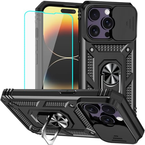 Yiakeng for iPhone 14 Pro Case with Screen Protector: [Military Grade 20ft. Drop Tested] Slide Camera Cover Ring Shockproof Protective Phone Case for - iPhone 14 Pro (Black)